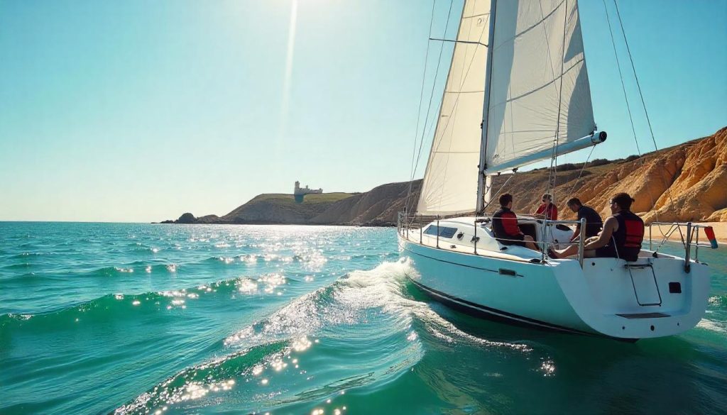 Yacht at Praia da Mareta during sailing Sagres maritime legacy, with sailors preparing and the fortress in the background.